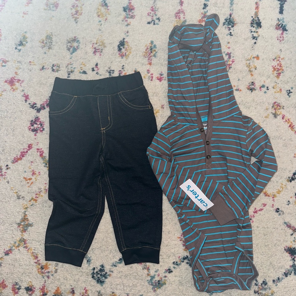 Carter's Striped Hoodie Onesie and Black Pants Set